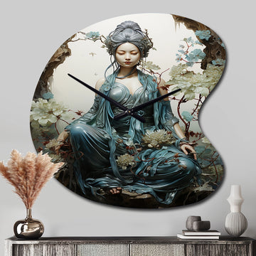 Teal Beige Buddhist Art Bodhisattva Compassion - Asymmetric Metal Wall Clock